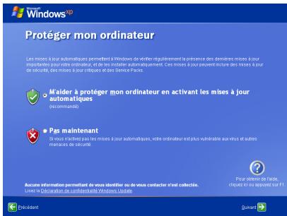 Protéger mon ordinateur Les meses à jour automatiques permettent à Windows de veûter régulièrement la présence des dernières meses à jour importantes pour votre ordinateur, et de les installés automatiquement. Ces meses à jour peuvent inclure des meses à jour de sécurité, des meses à jour intérêmes et des Service Parks. Mûder à protéger mon ordinateur en activant les mises à jour automatiques Descontinuées Pas maintenant Il vous retrait pas les meses à jour automatiques, votre ordinateur est plus vulnérable aux vœrus et autres menores de sécurité. Pour l'interle de contrôle, (ouvert ou un rapporter sur F1) Aucune information permettant de vous identifier ou de vous contacter s'il collectie. Lique la Déclaration de confidentialité Windows Update Dérédistant Quadrant