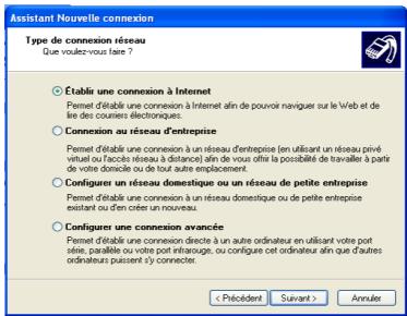 Assistant Nouvelle connexion Type de connexion réseau Que voulez-vous faire ? Établir une connexion à Internet Permet d'établir une connexion à Internet afin de pouvoir naviguer sur le Web et de fire des couriers électroniques. Connexion au réseau d'entreprise Permet d'établir une connexion à un réseau d'entreprise (en utilisant un réseau privé virtuel ou l'accès réseau à distance) afin de vous offre la possibilité de travailler à partir de votre domicile ou de tout autre emplacement. Configurer un réseau domestique ou un réseau de petite entreprise Permet d'établir une connexion à un réseau domestique ou de petite entreprise existant ou d'en citer un nouveau. Configurer une connexion avancée Permet d'établir une connexion directe à un autre ordinateur en utilisant votre port sées, parallée ou votre port intracouge, ou configue cet ordinateur afin que d'autres ordinateurs puissent s'y connecter. < Précédent Suivant > Annules