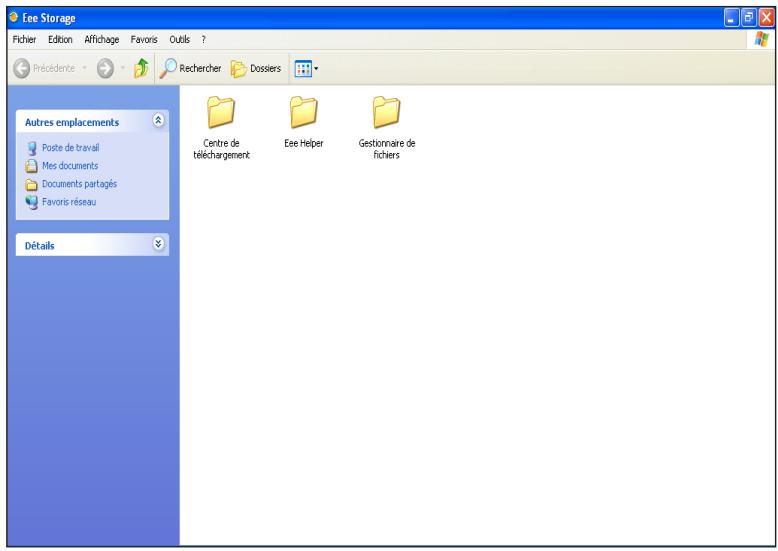 Eee Storage Fichier Edition Affichage Favors Outils ? Préderente Rechercher Dossiers Autres emplacements Poste de travail Mes documents Documents partagés Favoris réseau Détails Centre de téléchargement Eee Helper Gestionnaire de fichiers