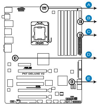 ASUS P6T DELUXE V2 - Connecteurs de ventilation CPU, alimentation et chassis (4-pin cpu_fan, 3-pin cha_fan1-3, 3-pin pwr_fan) - 1