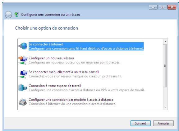 Configurer une connexion ou un réseau Choisir une option de connexion Se connecter à Internet Configurer une connexion sans fil, haut débit ou d'accès à distance à Internet Configurer un nouveau réseau Configurez un nouveau routeur ou un nouveau point d'accès. Se connecter manuellement à un réseau sans fil Connectez-vous à un réseau masqué ou créez un profil sans fil. Connexion à votre espace de travail Configurer une connexion d'accès à distance ou VPN à votre espace de travail. Configurer une connexion par modem à accès à distance Connexion à Internet via une connexion d'accès à distance. Suivant Annuler