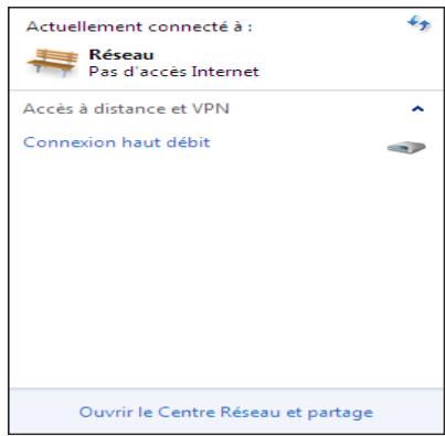 Actuellement connecté à : Réseau Pas d'accès Internet Accès à distance et VPN Connexion haut débit Ouvrir le Centre Réseau et partage