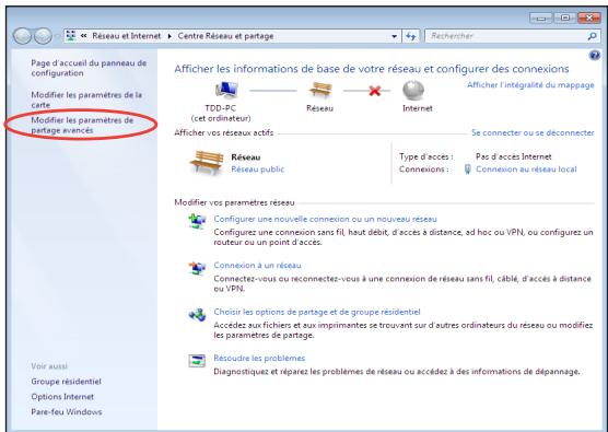 Page d'accueil du panneau de configuration Modifier les paramètres de la carte Modifier les paramètres de partage avancés Voir aussi Groupe résidentiel Options Internet Pare-feu Windows Centre Réseau et partage Afficher les informations de base de votre réseau et configurer des connexions TDD-PC (cet ordinateur) Réseau Internet Afficher vos réseaux actifs Type d'accès : Pas d'accès Internet Récoule public Connexions : Connexion au réseau local Afficher vos réseaux réseau Configurer une nouvelle connexion ou un nouveau réseau Configure une connexion sans fil, haut débit, d'accès à distance, ad hoc ou VPN, ou configurer un routeur ou un point d'accès. Connexion à un réseau Connectez-vous ou reconnectez-vous à une connexion de réseau sans fil, câblé, d'accès à distance ou VPN. Choisir les options de partage et de groupe résidentiel Accédé aux fichiers et aux imprimantes se trouvant sur d'autres ordinateurs du réseau ou modifiez les paramètres de partage. Récoudie les problèmes Diagnostiquez et réparez les problèmes de réseau ou accédé à des informations de dépannage.