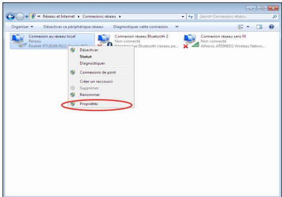 Résseau et Internet > Connexions réseau > Organiser > Déactiver ce périphérique réseau Diagnostiquer cette connexion > Connexion au réseau local Résseau RealTek RTL8168/8113 Déactiver Statut Diagnostics Connexions de pont Créer un raccourci Supprimer Renommer Propriétés Connexion réseau Bluetooth 2 Non connecté Non connecté Atheros AR5006EG Wireless Nettwo... Connexion réseau sans fil