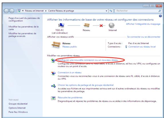 Récou au Internet Centre Réseau et partage Page d'accueil du panneau de configuration Modifier les paramètres de la carte Modifier les paramètres de partage enances Afficher les informations de base de votre réseau et configurer des connexions TDD-PC (cât ordinateur) Réseau Internet Afficher vos réseaux actifs Type d'accès : Pass d'accès Internet Récou au public Connexions : Connexion au réseau local Modifier vos paramètres réseau Confriger une nouvelle connexion ou un nouveau réseau Configurez une connexion sans net, roule respect, d'accès à distance, ad hoc ou VPN, ou configuer un routeur ou un point d'accès. Connexion à un réseau Connectez-vous ou reconnectez-vous à une connexion de réseau sans fil, câblé, d'accès à distance ou VPN. Choisir les options de partage et de groupe résidentiel Accédéz aux fichiers et aux imprimantes se trouvant sur d'autres ordinateurs du réseau ou modifiez les paramètres de partage. Récoudre les problèmes Diagnostiquez et réparez les problèmes de réseau ou accédéz à des informations de dépannage. Voir aussi Groupe résidentiel Options Internet Pare-feu Windows
