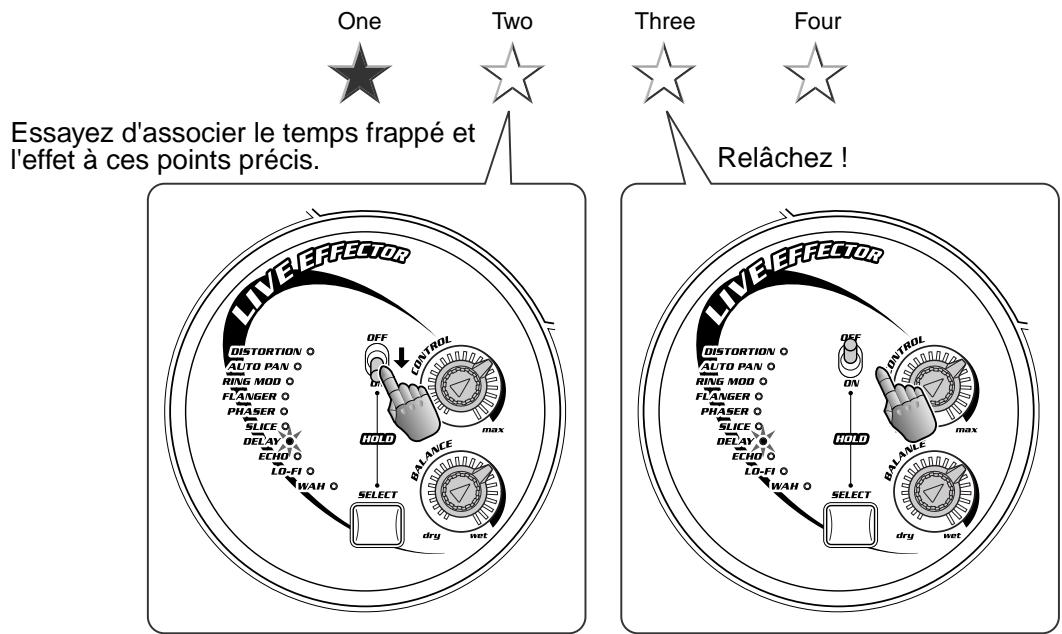 One Two Three Four Essayez d'associer le temps frappé et l'effet à ces points précis. HIVE EFFECTOR DISTORTION O AUTO PAN O RING MOD O FLANGER O PHASER O SLICE O DELAY ECHO O LO-FI O WAN O OFF CONTROL max HOLD BALANCE SELECT dry wet Relâchez !