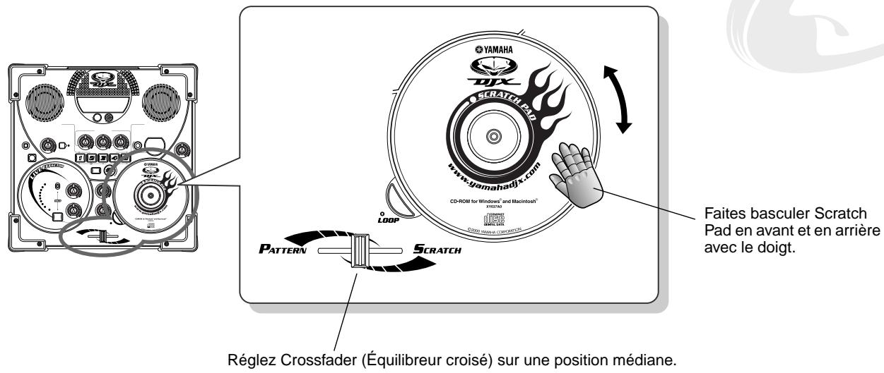 Faites basculer Scratch Pad en avant et en arrière avec le doigt. Réglez Crossfader (Équilibreur croisé) sur une position médiane.
