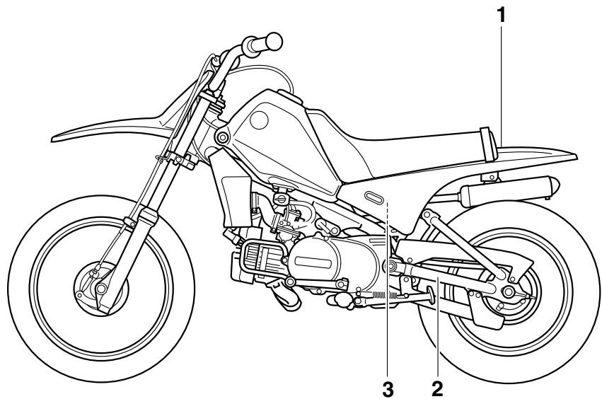 YAMAHA PW80 - Emplacement des étiquettes de renseignements importants - 1