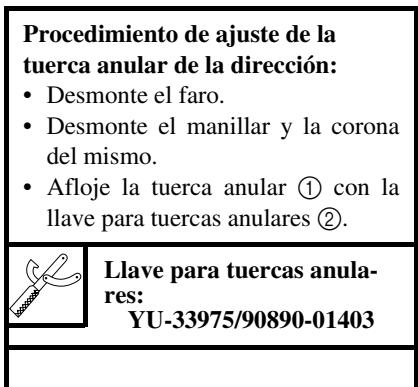 Procedimiento de ajuste de la tuerca anular de la dirección: • Desmonte el faro. • Desmonte el manillar y la corona del mismo. • Afloje la tuerca anular ① con la llave para tuercas anulares ②. Llave para tuercas anula- res: YU-33975/90890-01403