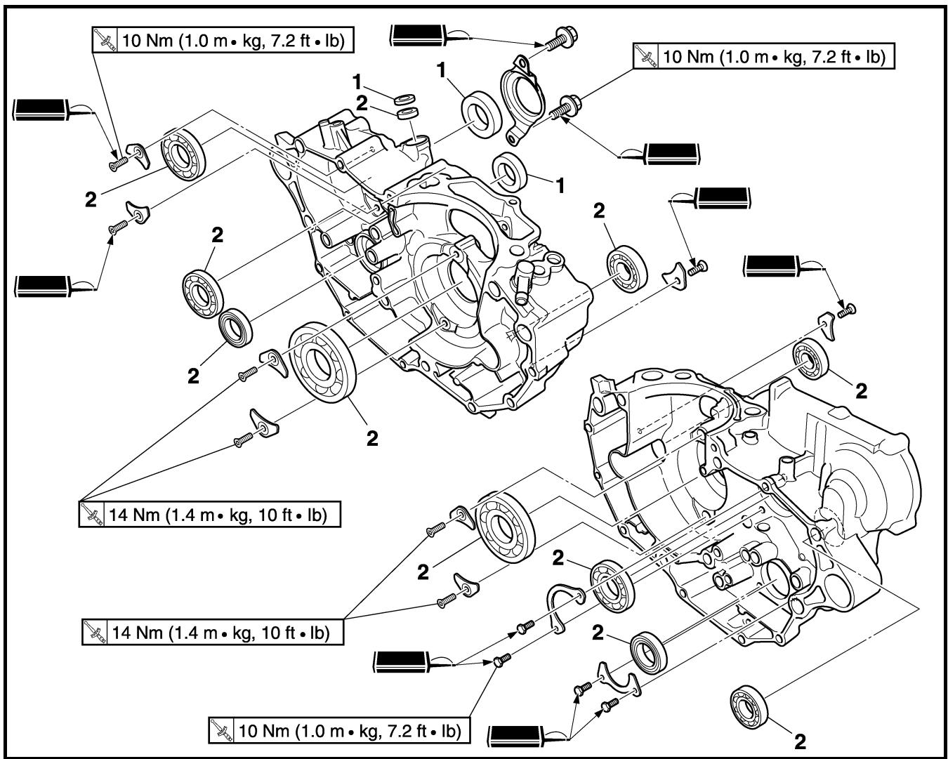 10 Nm (1.0 m • kg, 7.2 ft • lb) 10 Nm (1.0 m • kg, 7.2 ft • lb) 14 Nm (1.4 m • kg, 10 ft • lb) 14 Nm (1.4 m • kg, 10 ft • lb) 10 Nm (1.0 m • kg, 7.2 ft • lb)