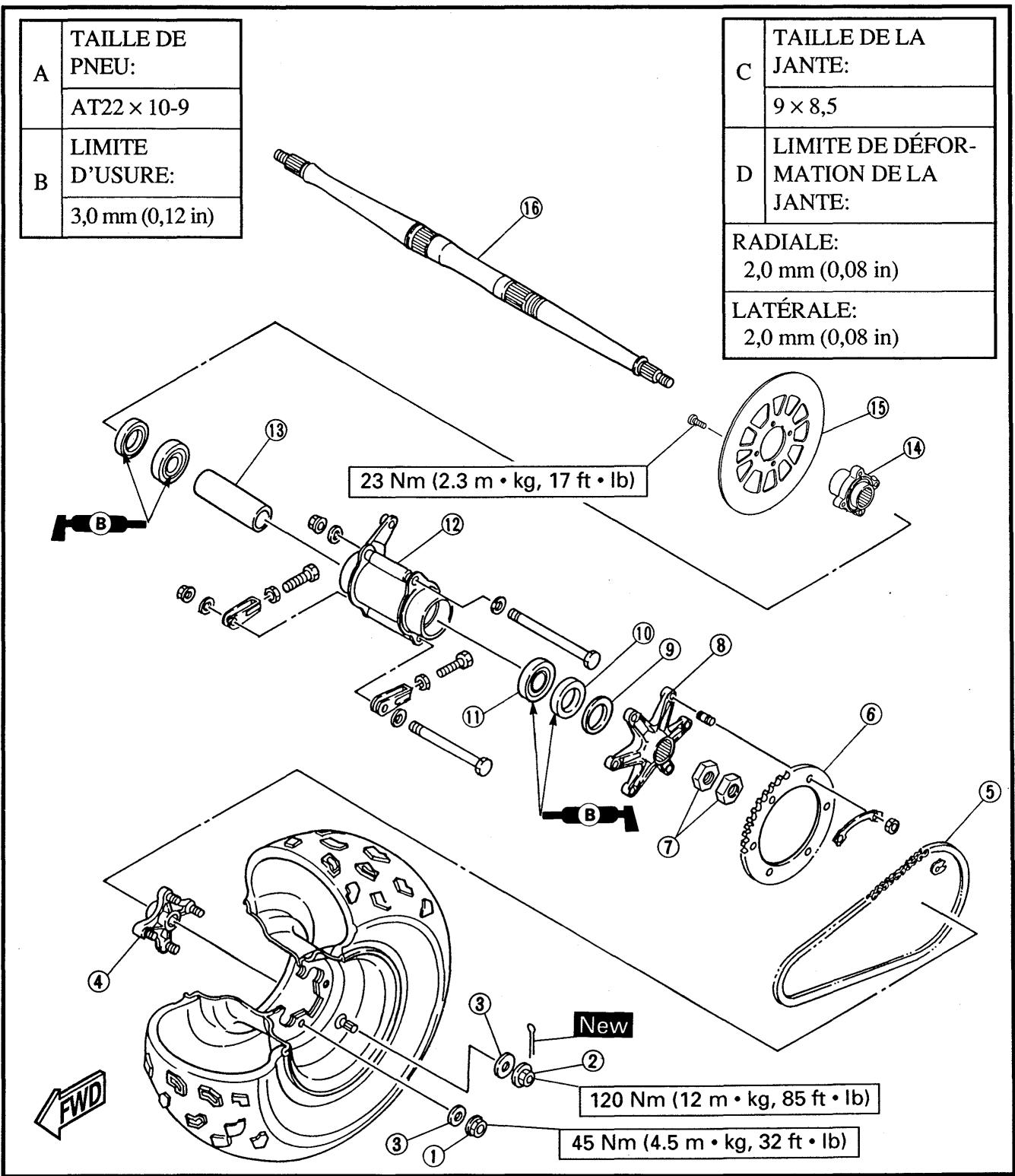 YAMAHA YFM350J - Roue arrière et MOYEU de roue - 1