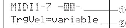 YAMAHA DTX-MULTI 12 - MIDI1-7 page trigger velocity (velocité de déclenchement) - 1