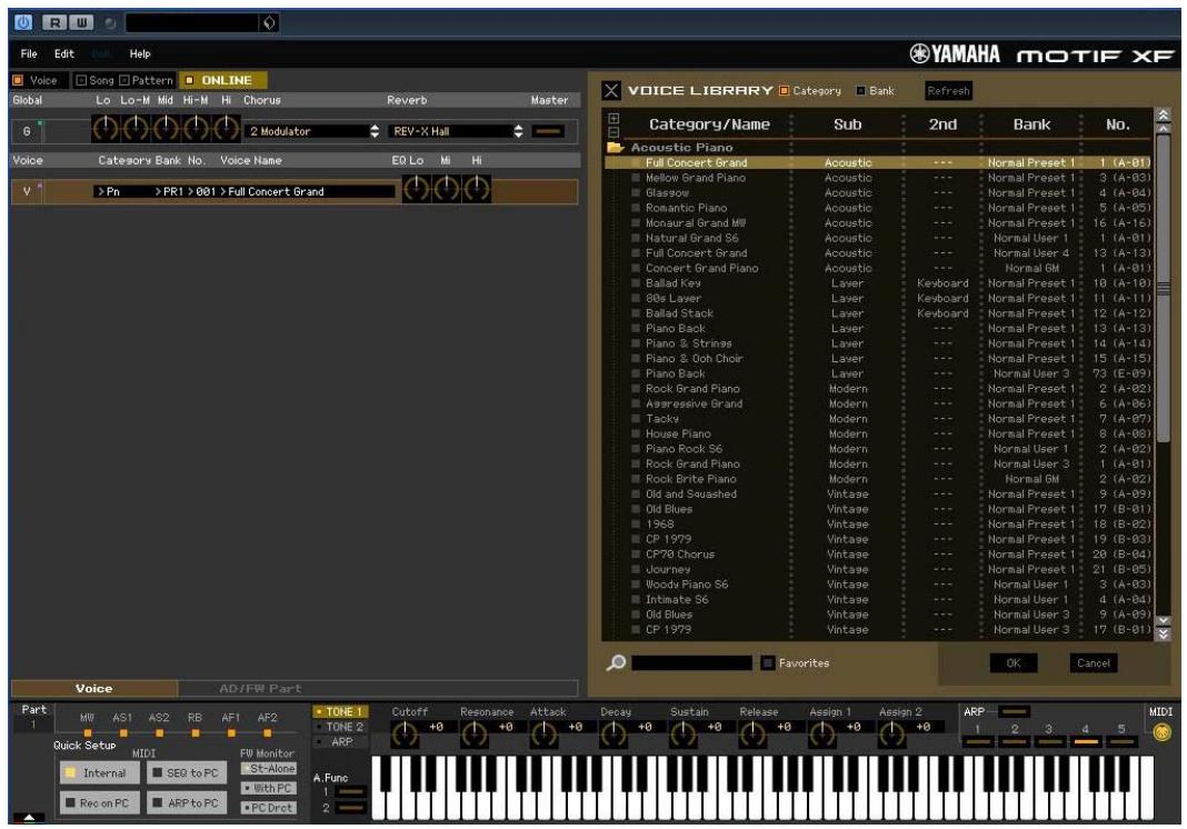 YAMAHA MOTIF XF EDITOR VST - 5-1 Sur la ligne « V » de la section Voice, cliquez sur le nom de la banque ou de la voix pour appeler la fenêtre VOICE LIBRARY (Bibliothèque de voix). - 1