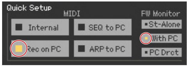YAMAHA MOTIF XF EDITOR VST - Dans la fenêtre Quick Set Up (Configuration rapide), sélectionnez respectivement [Rec on PC] (Enregistrer sur ordinateur) dans le groupe de boutons MIDI et [With PC] (Avec ordinateur) dans le groupe de boutons sous FW Monitor. - 1