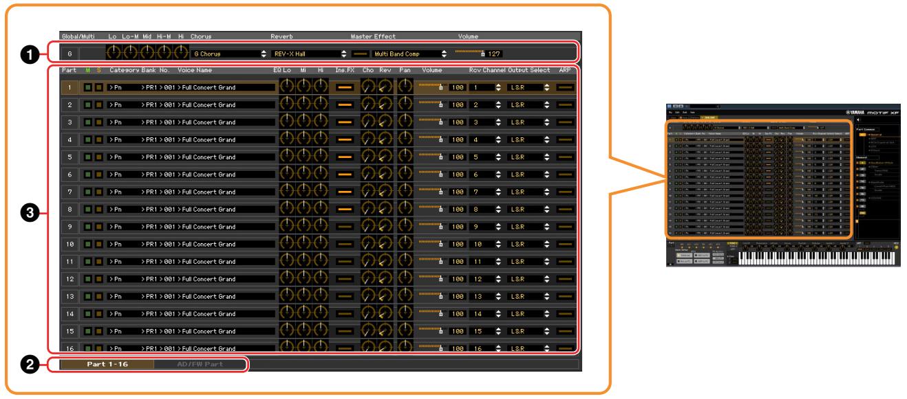 YAMAHA MOTIF XF EDITOR VST - Section Mixer (lorsque le mode Voice/Song/Pattern est réglé sur « Song » ou « Pattern ») - 1