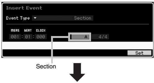 YAMAHA MOTIF XF8 - Appuyez sur la touche [SF4] insert (insertion) pour ouvrir la fenêtre insert event (insérer un événement), et affectez la section a au 1ER temps de la 1ÈRE mesure. - 1