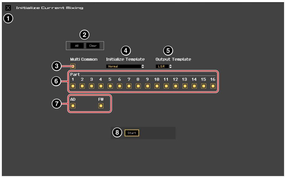 YAMAHA MOTIF XF8 EDITOR - Initialiser le mixage actuel (uniquement en mode Song ou Pattern) - 1