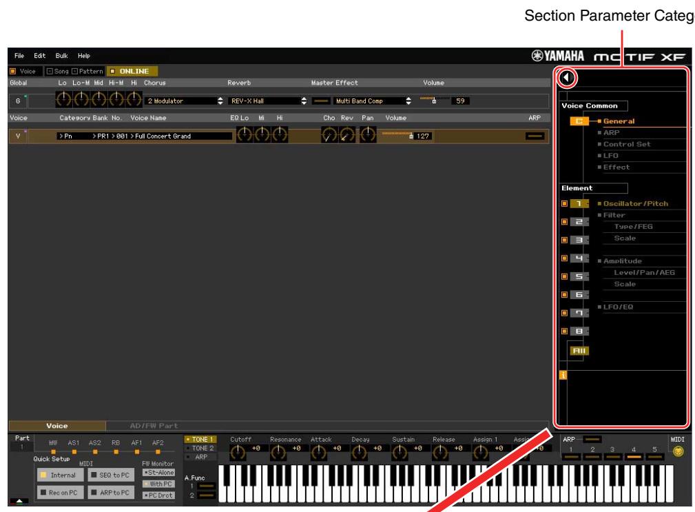 YAMAHA MOTIF XF8 EDITOR - Section Parameter Category (lorsque le mode Voice/Song/Pattern est réglé sur « Voice ») - 1
