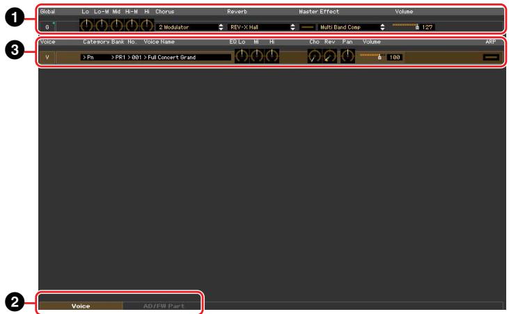 YAMAHA MOTIF XF8 EDITOR - Section Mixer (lorsque Voice/Song/Pattern est réglé sur « Voice ») - 1