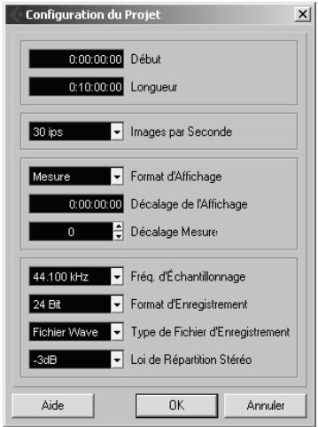 Configuration du Projet 0:00:00:00 Début 0:10:00:00 Longueur 30 ips Images par Seconde Mesure Format d'Affichage 0:00:00:00 Décalage de l'Affichage 0 Décalage Mesure 44:100 kHz Fréq. d'Échantillonnage 24 Bit Format d'Enregistrement Fichier Wave Type de Fichier d'Enregistrement -3dB Loi de Répartition Stéréo Aide OK Annuler