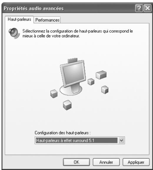 Propriétés audio avancées Haut-parleurs Performances Sélectionnez la configuration de haut-parleurs qui correspond le mieux à celle de votre ordinateur. Configuration des haut-parleurs : Haut-parleurs à effet surround 5.1 OK Annuler Appliquer
