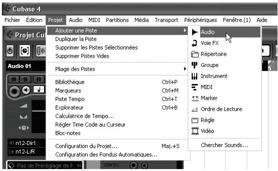 Cubase 4 Fichier Édition Projet Audio MIDI Partitions Média Transport Périphériques Fenêtre (1) Aide Projet Cui Audio 01 Ajouter une Piste Dupliquer la Piste Supprimer les Pistes Sélectionnées Supprimer Pistes Vides Pilage des Pistes Bibliothèque Ctrl+P Marqueurs Ctrl+M Piste Tempo Ctrl+T Explorateur Ctrl+B Calculatrice de Tempo... Régler Time Code au Curseur Bloc-notes Configuration du Projet... Maj.+S Configuration des Fondus Automatiques... Pas de Préférlage de F stéréo Audio Voie FX RÉPERTOIRE Groupe Instrument MIDI Marker Ordre de Lecture Règle Vidéo Chercher Sounds...