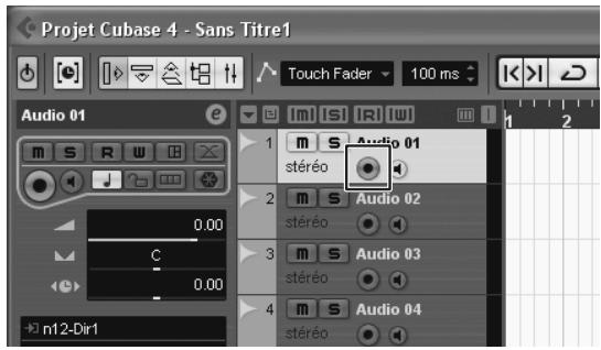 Projet Cubase 4 - Sans Titre1 Touch Fader 100 ms Audio 01 m s r w 1 m s Audio 01 stéréo 2 m s Audio 02 stéréo 3 m s Audio 03 stéréo 4 m s Audio 04 stéréo n12-Dir1