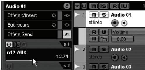 Audio 01 Effets d'Insert Égaliseurs Effets Send s 1 n12-AUX -12.74 s 2 1 m S Audio 01 stéréo R W Volume III 0.00 2 m S Audio 02 stéréo 3 m S Audio 03