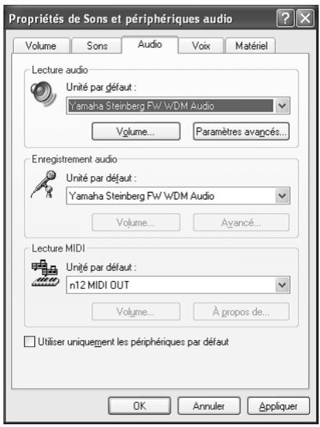 Propriétés de Sons et périphériques audio Volume Sons Audio Voix Matériel Lecture audio Unité par défaut : Yamaha Steinberg FW WDM Audio Volume... Paramètres avancés... Enregistrement audio Unité par défaut : Yamaha Steinberg FW WDM Audio Volume... Avancé... Lecture MIDI Unité par défaut : n12 MIDI OUT Volume... À propos de... Utiliser uniquement les périphériques par défaut OK Annuler Appliquer