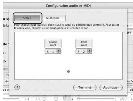 Configuration audio et MIDI Stéréo Multicanal Pour chaque haut-parleur, choisissez le canal du périphérique connecté. Pour tester la connexion, cliquez sur un haut-parleur et écoutez le son. gauche avant A 1 Ⓧ droite avant A 2 Ⓧ Terminé Appliquer n/d n/d 1 n/d