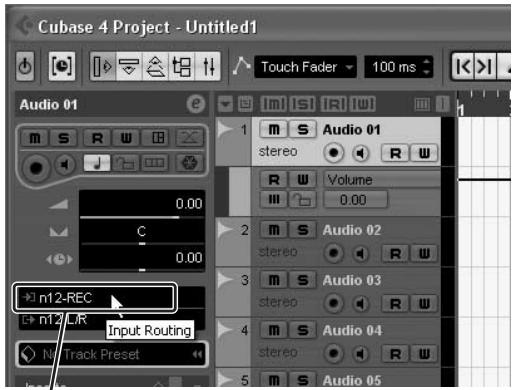 Cubase 4 Project - Untitled1 Touch Fader 100 ms Audio 01 m S R W 0.00 C 0.00 n12-REC n12-LR Input Routing Track Preset Audio 01 stereo Audio 02 stereo Audio 03 stereo Audio 04 stereo Audio 05