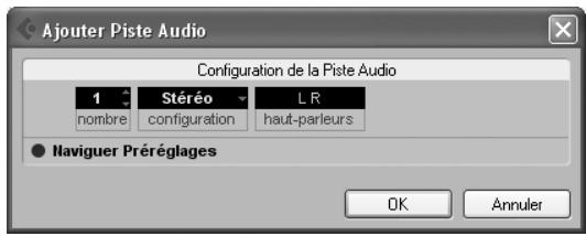 Ajouter Piste Audio Configuration de la Piste Audio 1 Stéréo L.R nombre configuration haut-parleurs ● Naviguer Préréglages OK Annuler