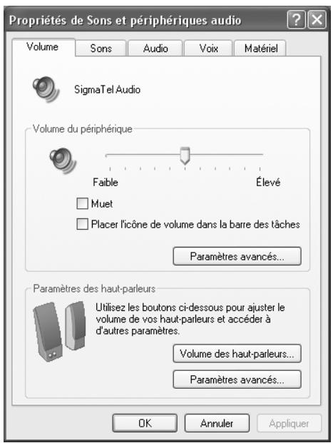 Propriétés de Sons et périphériques audio Volume Sons Audio Voix Matériel SigmaTel Audio Volume du périphérique Faible Élevé □ Muet □ Placer l'icône de volume dans la barre des tâches Paramètres avancés... Paramètres des haut-parleurs Utilisez les boutons ci-dessous pour ajuster le volume de vos haut-parleurs et accéder à d'autres paramètres. Volume des haut-parleurs... Paramètres avancés... OK Annuler Appliquer