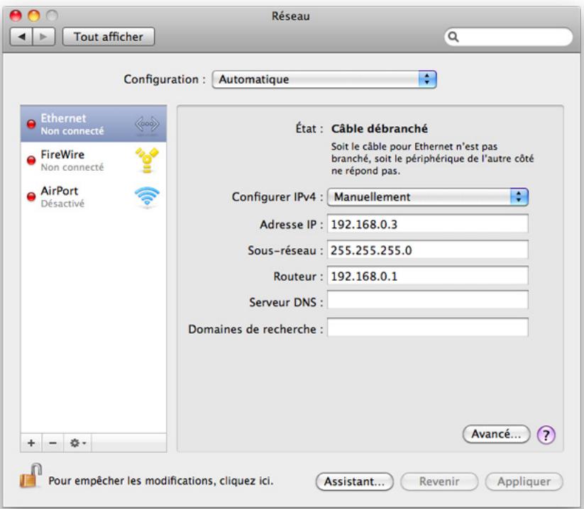 YAMAHA NETWORK-MIDI DRIVER - Sélectionnez [Manuellement] dans [Configurer IPv4] ou [Configuration]. Entrez tour à tour l'adresse IP de l'ordinateur dans le champ [Adresse IP], la valeur « 255.255.255.0 » sous [Sous-réseau] et l'adresse IP du routeur (passerelle) dans le champ [Routeur]. - 1