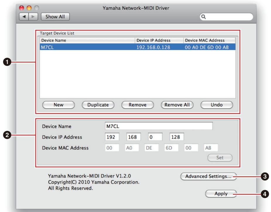 YAMAHA NETWORK-MIDI DRIVER - Configurez les paramètres du pilote dans la fenêtre « Yamaha Network-MIDI Driver » - 1