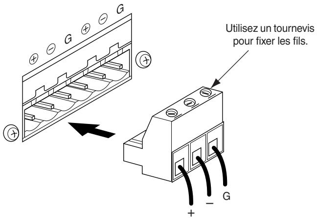 Utilisez un tournevis pour fixer les fils. + - G