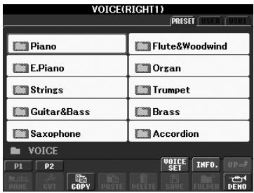 YAMAHA PSR-S910 - Exemple d'écran de sélection de voix PRESET - 2