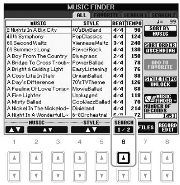 YAMAHA PSR-S910 - Depuis la page ALL (Tout) de l'écran MUSIC FINDER, appuyez sur la touche [6 ▲] (SEARCH 1) (Recherche 1) pour ouvrir l'écran Search (Recherche). - 1