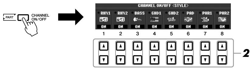 YAMAHA PSR-S910 - Appuyez une ou deux fois sur la touche [CHANNEL ON/OFF] (Activation/Désactivation de canal) pour appeler l'écran CHANNEL ON/OFF (STYLE). - 1