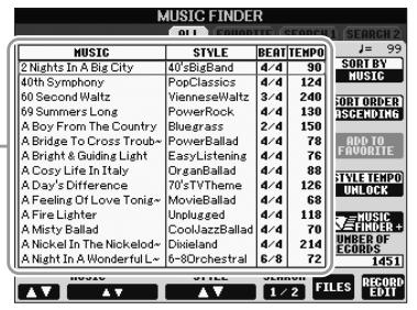 YAMAHA PSR-S910 - Appuyez sur la touche [MUSIC FINDER] pour appeler l'écran MUSIC FINDER. - 1