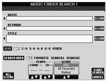 YAMAHA PSR-S910 - Depuis la page ALL (Tout) de l'écran MUSIC FINDER, appuyez sur la touche [6 ▲] (SEARCH 1) (Recherche 1) pour ouvrir l'écran Search (Recherche). - 3