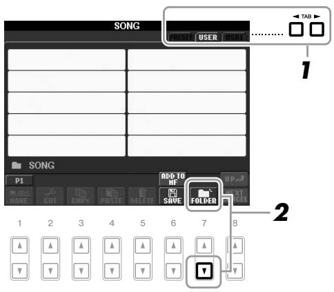 YAMAHA PSR-S910 - Dans l'écran File Selection, Sélectionnez l'onglet (USER ou USB) sur lequel vous souhaitez sauvegarder les données à l'aide des touches [▲][▶] de TAB. - 1