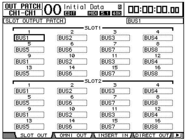 YAMAHA DM 1000 - Appuyez sur la touche DISPLAY ACCESS [OUT PATCH] jusqu'à ce que la page "Out Patch | Slot Out" s'affiche. Vérifiez ensuite que chaque bus est acheminé au canal youlu de la carte I/O numérique. - 1