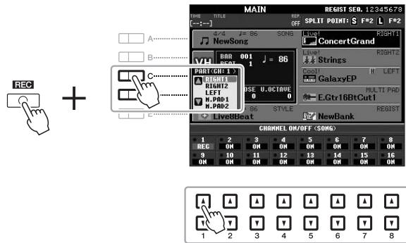 YAMAHA PSR-S950 - While holding down the SONG [REC] button, press the [1 ] - [8 ] buttons to set the desired channels to “REC.” - 1