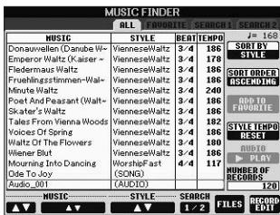 YAMAHA PSR-S950 - Confirm that the registered file name is shown in the MUSIC column while (SONG), (AUDIO) or the Style name is shown in the Style column. - 1