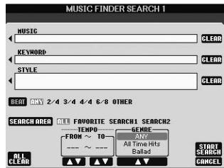 YAMAHA PSR-S950 - From the ALL page of the MUSIC FINDER display, press the [6 ▲] (SEARCH 1) button to call up the Search display. - 3