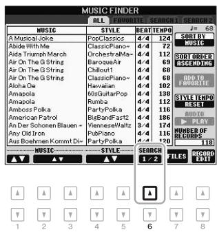 YAMAHA PSR-S950 - From the ALL page of the MUSIC FINDER display, press the [6 ▲] (SEARCH 1) button to call up the Search display. - 1