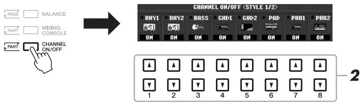 YAMAHA PSR-S950 - Press the [CHANNEL ON/OFF] button several times to call up the CHANNEL ON/OFF (STYLE) displays. (The PSR-S750 has only one display.) - 1