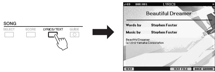 YAMAHA PSR-S950 - Press the [LYRICS/TEXT] button to call up the Lyrics display. - 1