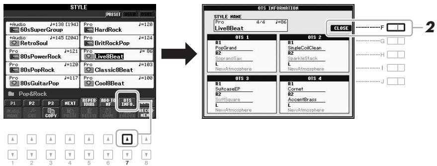 YAMAHA PSR-S950 - In the Style Selection display, press the [7 ▲] (OTS INFO.) button to call up the Information display. - 1